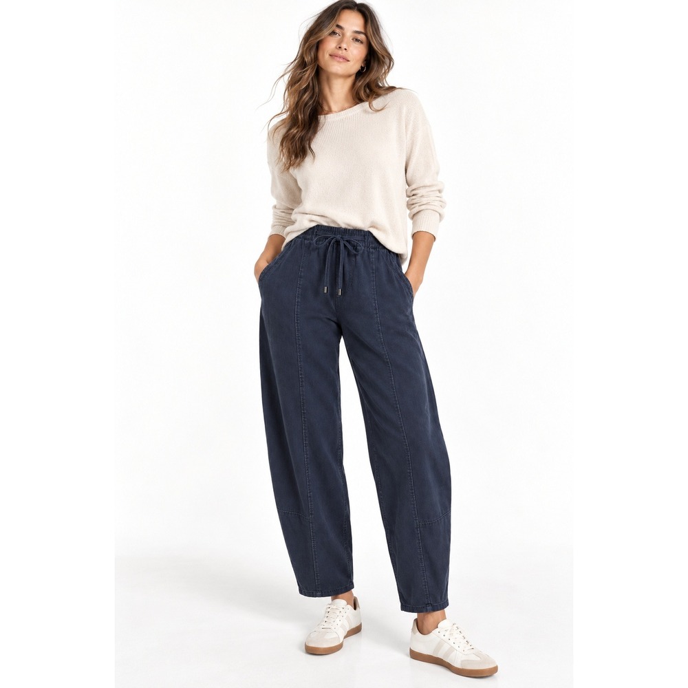 Bella Dahl Seamed Soft Barrel Pant Navy Blue Elastic Back Drawstring Medium NEW